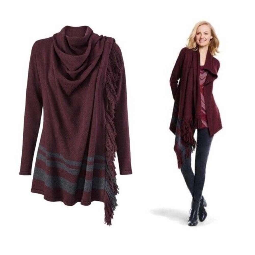 Cabi 3002 Sweater Wrap Cardigan Fringe‎ Draped Wine Maroon Gray Size XS